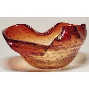 Vtg Artisan Glass Bowl Trinket Dish Ashtray Yellow Red Folded Edge Bubbl…